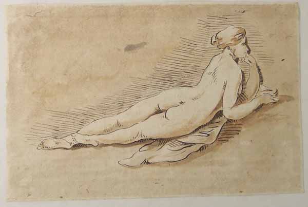 Female nude reclining on stomach with head on hand